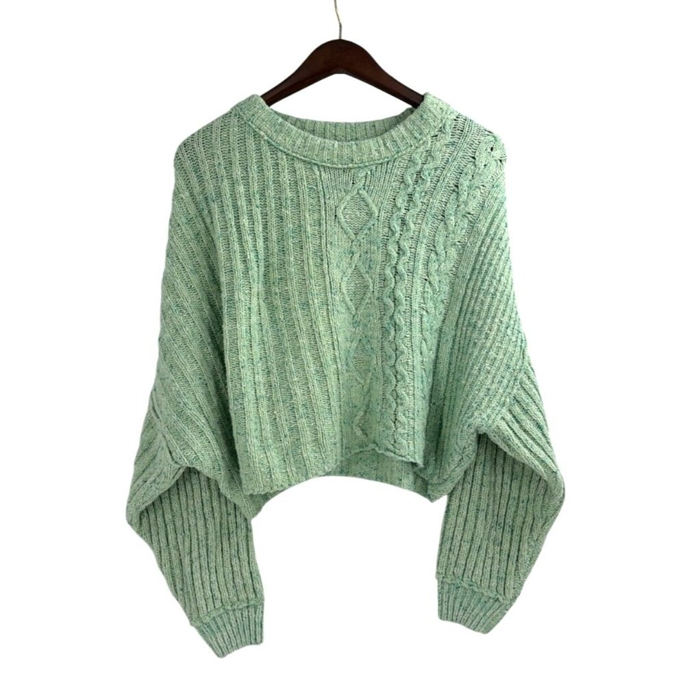 Free People Womens S Textured Cable Knit Cropped Sweater Green Boxy Fisherman - Picture 1 of 9